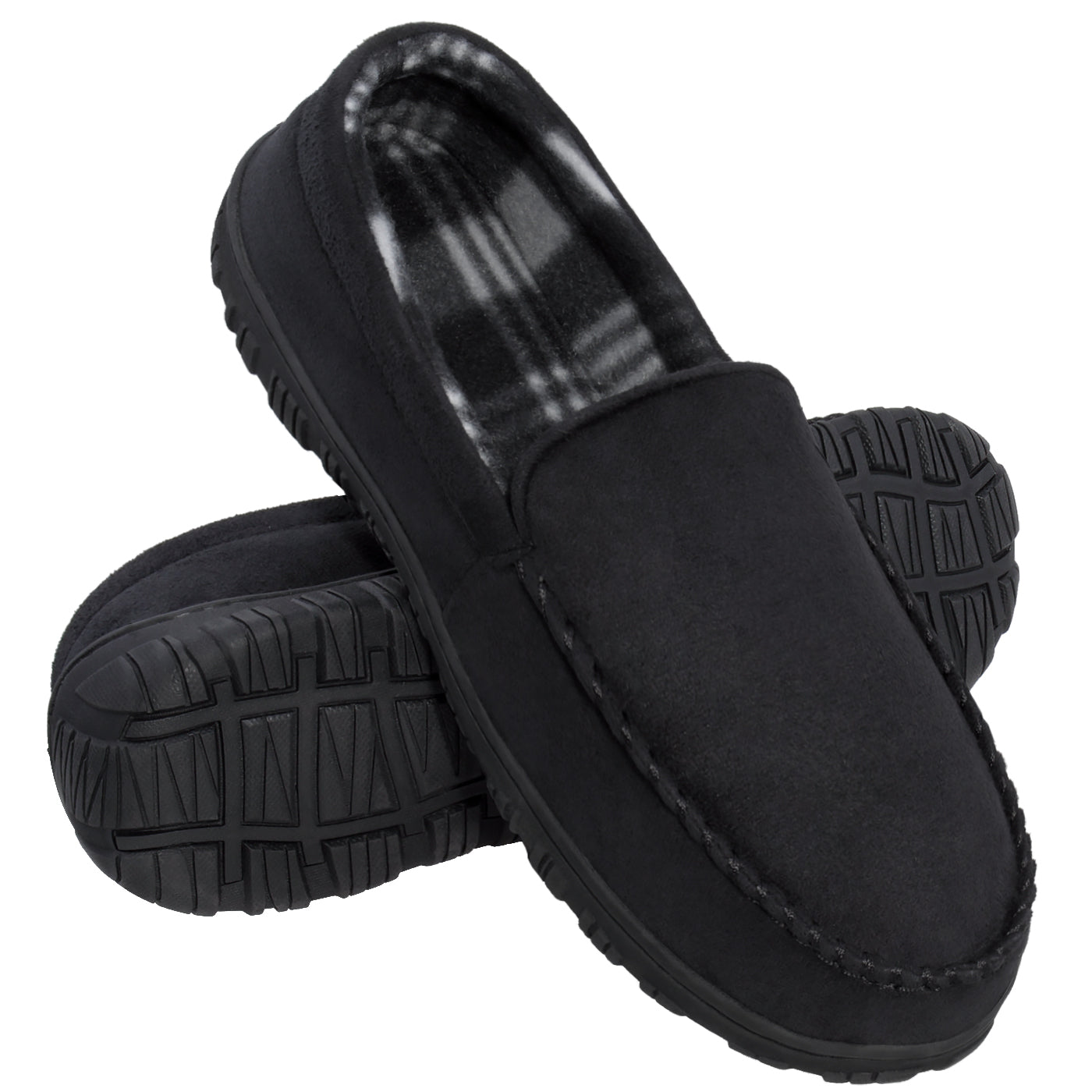 Men's Moccasin Slippers Memory Foam Indoor/Outdoor Warm Suede House Shoes with Slip on Rubber Sole