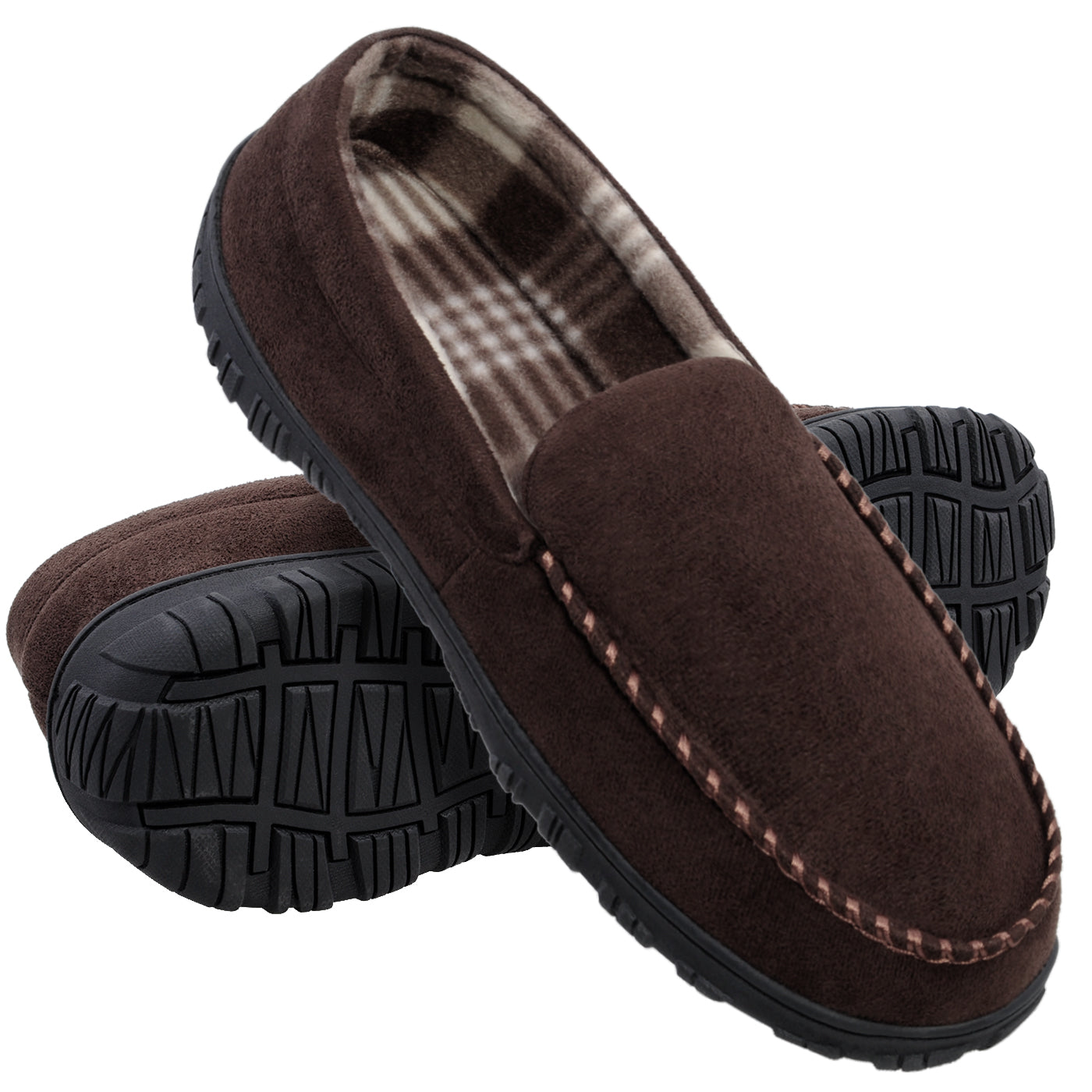 Men's Moccasin Slippers Memory Foam Indoor/Outdoor Warm Suede House Shoes with Slip on Rubber Sole