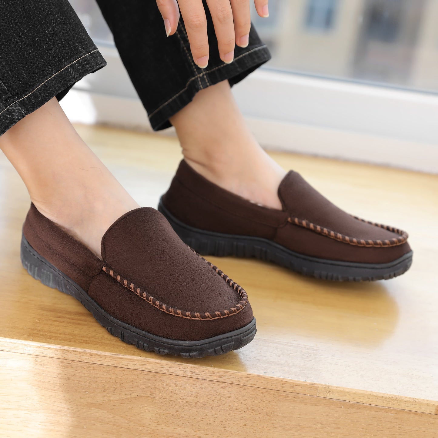 Men's Moccasin Slippers Memory Foam Indoor/Outdoor Warm Suede House Shoes with Slip on Rubber Sole