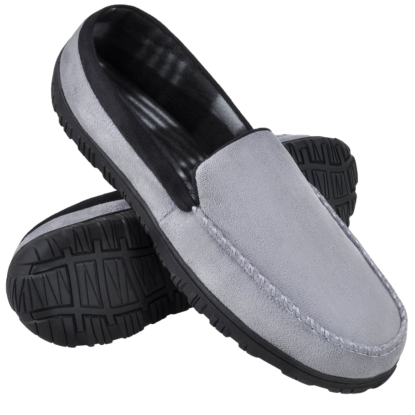 Men's Moccasin Slippers Memory Foam Indoor/Outdoor Warm Suede House Shoes with Slip on Rubber Sole