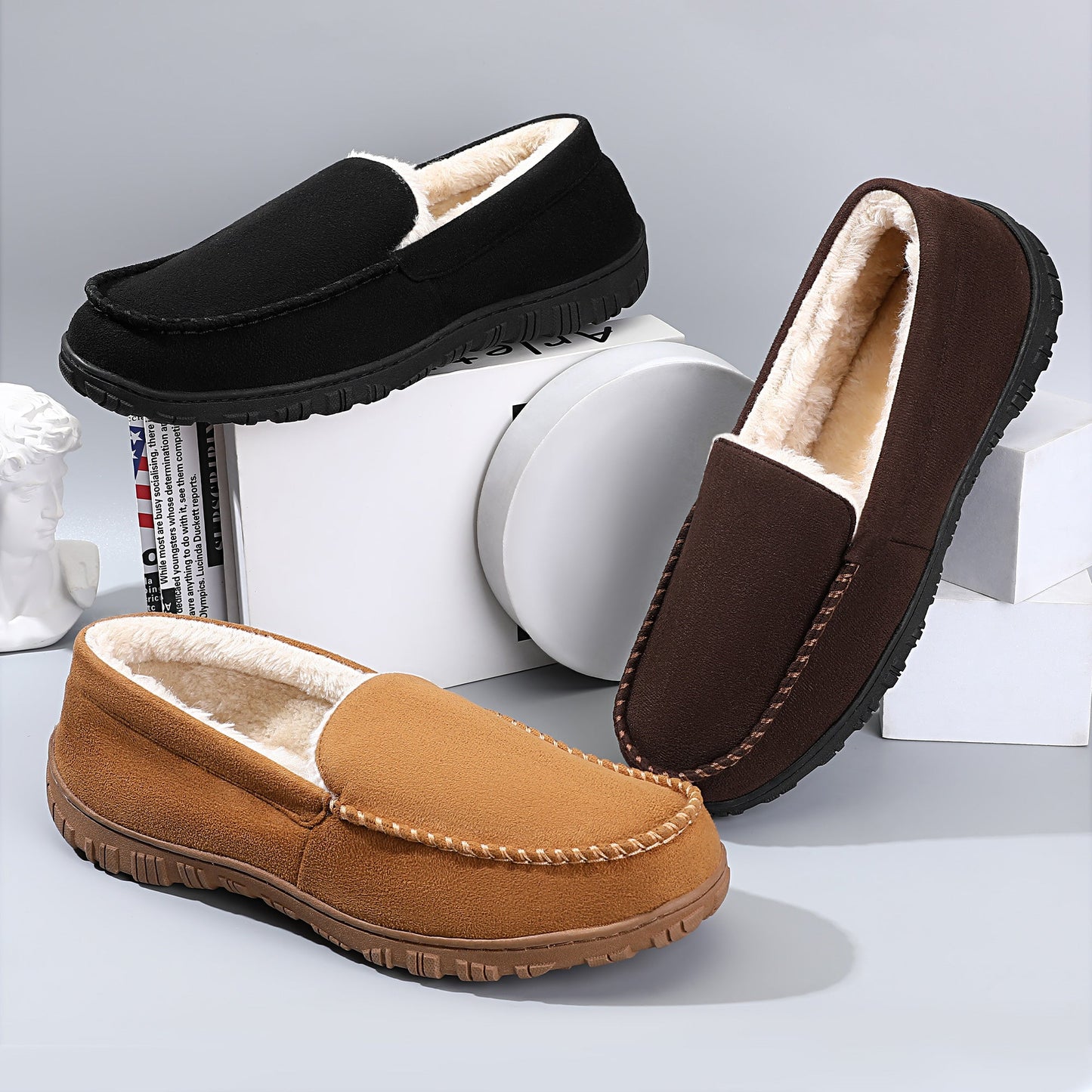 Plus Size Men's Solid Colour Slip On Loafer Shoes With Warm Plush Lining, Comfy Non Slip Rubber Sole Dress Shoes, Men's Footwear