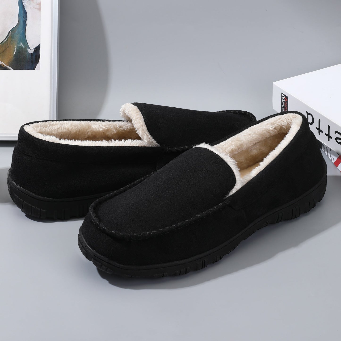 Plus Size Men's Solid Colour Slip On Loafer Shoes With Warm Plush Lining, Comfy Non Slip Rubber Sole Dress Shoes, Men's Footwear