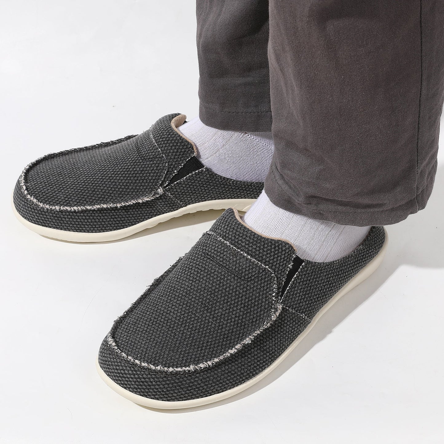 Mens Slippers with Arch Support, Canvas House Slipper for Men with Velvet Lining, Slip On Clog, Indoor Outdoor House Shoes with Anti-Skid Rubber Sole