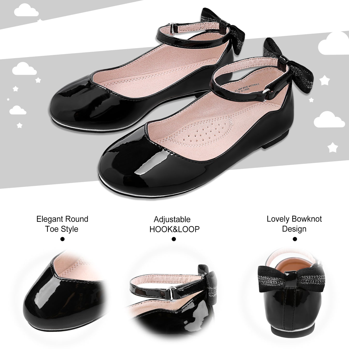 NCCB Girls Flats Mary Jane Shoes Casual Slip On Ballet Flat for School Wedding Party Ankle Strap Dress Shoes Black Size 12