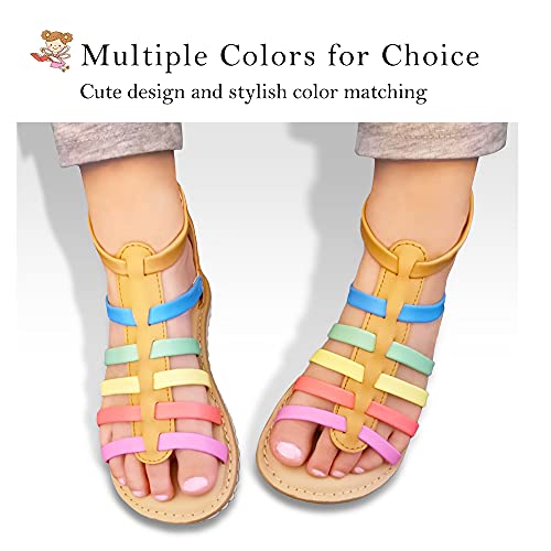 MIXIN Toddler Girl Sandals for Summer Gladiator Cross-tied Zipper Flat Sandals with Strappy Ankle Zipper for Little Girl (Gold, Size 12)