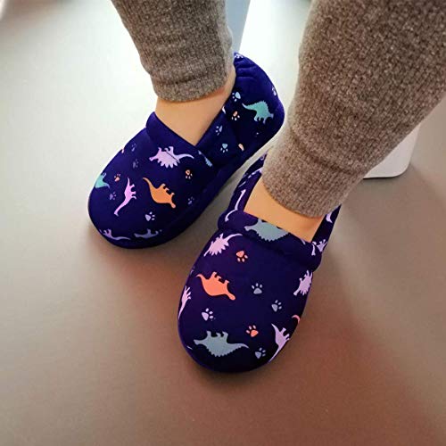 MIXIN Little Kids Boys Indoor House Slip-on Slippers Soft Warm Memory Foam Dark Blue Dinosaur