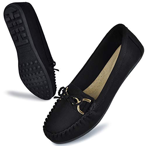 CCVON Women's Loafers Slip Ons Shoes with Bowknot Driving Flats Casual Comfort Walking Penny Loafers for Women Black Size 5