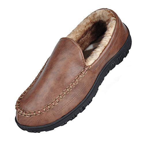 festooning Men's Comfort Moc Slippers with Fuzzy Fur Lining Memory Foam Microsued Indoor Outdoor Slip On House Shoes Brown 9