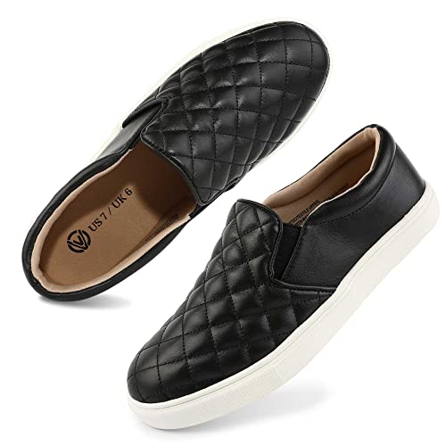 NCCB Womens Loafers Quilted Slip On Sneakers for Women Comfort Memory Foam Casual Shoes Black Size 9.5