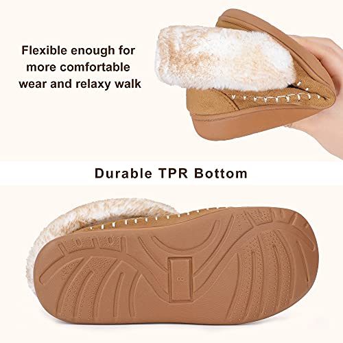 NCCB Bootie Slippers for Women Size 7 Memory Foam All-covered Lined Winter Ankle Slippers with Anti-skid Rubber Beige