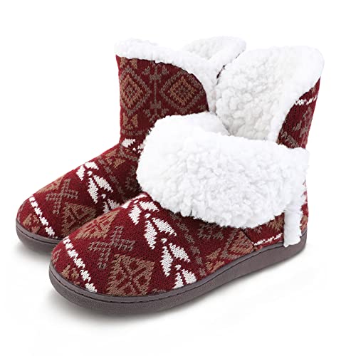 Women Comfort Warm Fluffy Faux Fur Slipper Boots Soft Memory Foam Ankle Booties House Pull on Shoes Anti-Slip Sole Indoor Outdoor (9, Red, numeric_9)