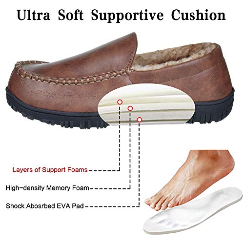 festooning Men's Comfort Moc Slippers with Fuzzy Fur Lining Memory Foam Microsued Indoor Outdoor Slip On House Shoes Brown 9