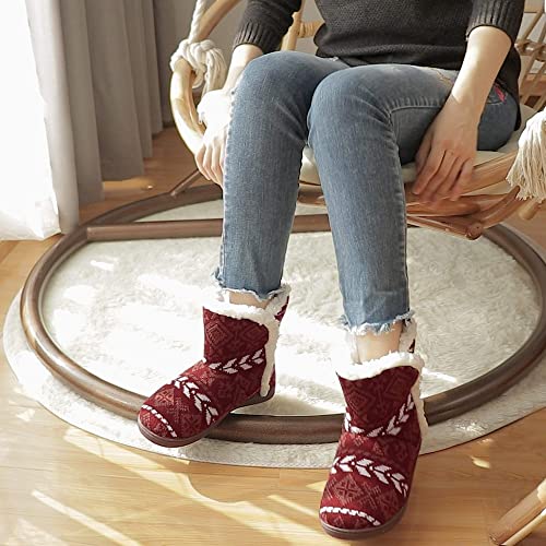 Women Comfort Warm Fluffy Faux Fur Slipper Boots Soft Memory Foam Ankle Booties House Pull on Shoes Anti-Slip Sole Indoor Outdoor (9, Red, numeric_9)