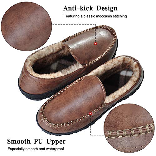 festooning Men's Comfort Moc Slippers with Fuzzy Fur Lining Memory Foam Microsued Indoor Outdoor Slip On House Shoes Brown 9