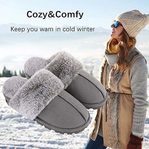 shoeslocker Womens Slippers Cozy Memory Foam Fluffy Plush Lined House Slippers Indoor Outdoor Shoes Grey Size 8