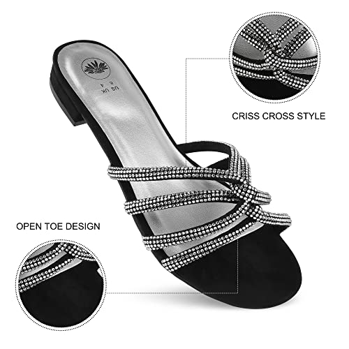 MIXIN Womens Flat Sandals Casual Criss Cross Cute Slide Sandals Open Toe Rhinestones Fashion Summer Sandals Blcak 6