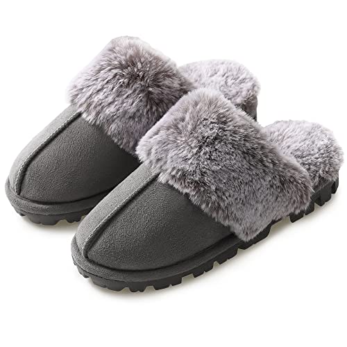 shoeslocker Womens Slippers Cozy Memory Foam Fluffy Plush Lined House Slippers Indoor Outdoor Shoes Grey Size 8