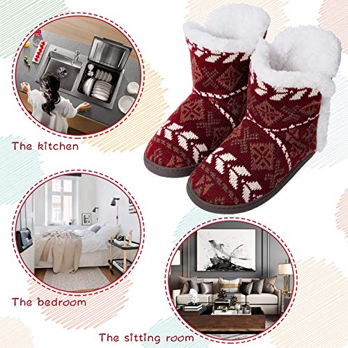 Women Comfort Warm Fluffy Faux Fur Slipper Boots Soft Memory Foam Ankle Booties House Pull on Shoes Anti-Slip Sole Indoor Outdoor (9, Red, numeric_9)