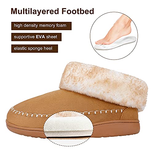 NCCB Bootie Slippers for Women Size 7 Memory Foam All-covered Lined Winter Ankle Slippers with Anti-skid Rubber Beige