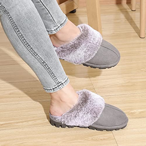 shoeslocker Womens Slippers Cozy Memory Foam Fluffy Plush Lined House Slippers Indoor Outdoor Shoes Grey Size 8