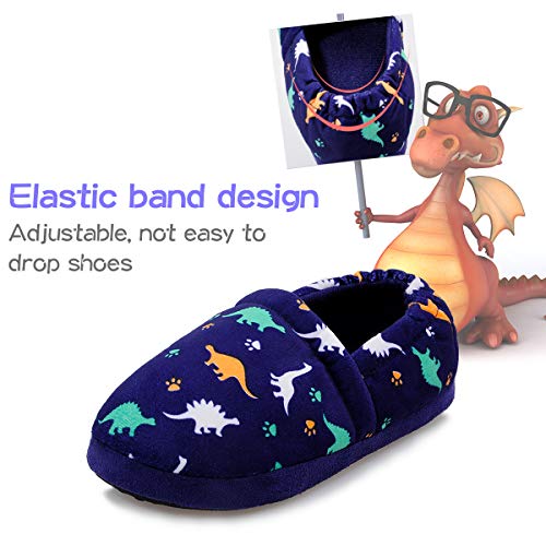 MIXIN Little Kids Boys Indoor House Slip-on Slippers Soft Warm Memory Foam Dark Blue Dinosaur