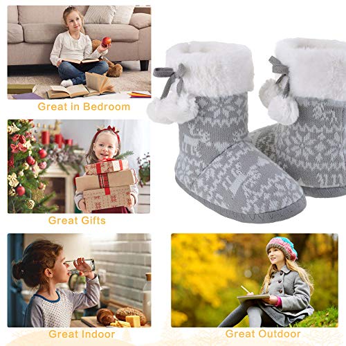 MIXIN Girls Slippers Boots Bedroom Bootie Shoes for Winter Warm Anti-Slip Plush Slippers for Big Kid Grey 12-13