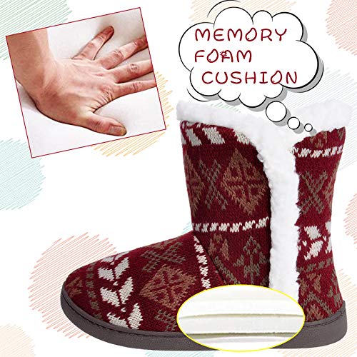 Women Comfort Warm Fluffy Faux Fur Slipper Boots Soft Memory Foam Ankle Booties House Pull on Shoes Anti-Slip Sole Indoor Outdoor (9, Red, numeric_9)