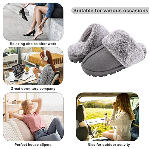 shoeslocker Womens Slippers Cozy Memory Foam Fluffy Plush Lined House Slippers Indoor Outdoor Shoes Grey Size 8