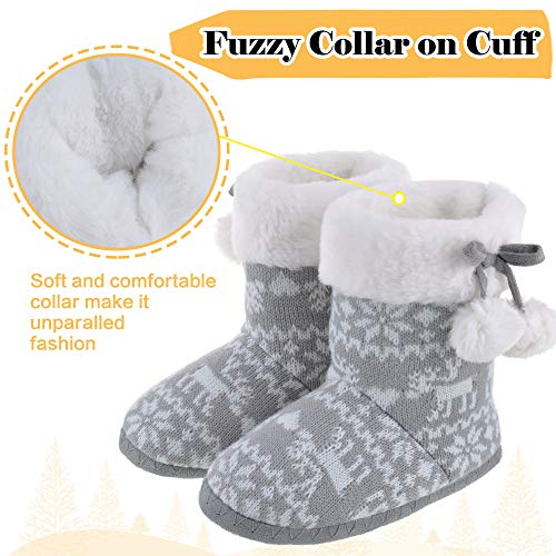 MIXIN Girls Slippers Boots Bedroom Bootie Shoes for Winter Warm Anti-Slip Plush Slippers for Big Kid Grey 12-13