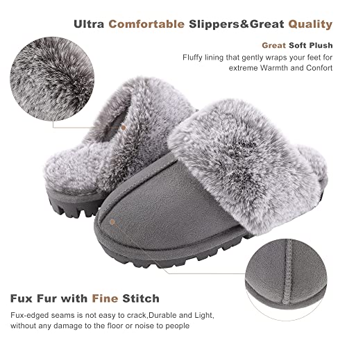 shoeslocker Womens Slippers Cozy Memory Foam Fluffy Plush Lined House Slippers Indoor Outdoor Shoes Grey Size 8